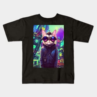 Techno Cat In Japan Neon City Kids T-Shirt